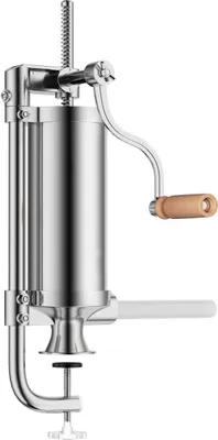 A stainless steel sausage stuffer with a wooden handle, clamped to a surface.