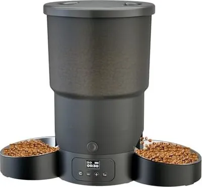 Zdjęcie produktu dla Gimars Automatyczny karmnik dla 2 kotów, 5L, 12 porcji, 6 posiłków, miski ze stali nierdzewnej, podwójne zasilanie, 10s