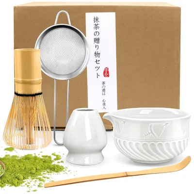 5-teiliges Matcha-Teeset mit Besen, Sieb, Schale und Löffel, weiß