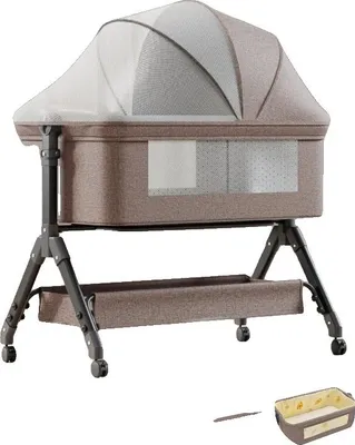 Obrázek produktu pro Dětská postýlka, skládací design, výškově nastavitelná, barva: khaki
