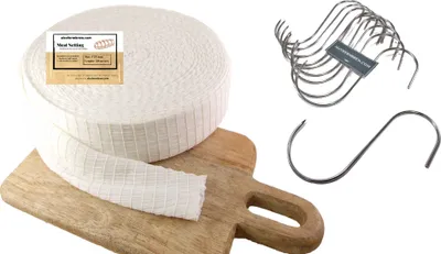 Produktbild von Räuchernetz mit Gummi  125mm / 50m + Fleischhaken x 10 - Schinkennetz, Räuchernetz, Fleischhaken