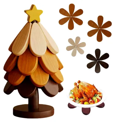 Produktbild von Holzuntersetzer Weihnachtsbaum Set, 4-teilig faltbare Topfuntersetzer aus Holz mit Sternspitze, Schutz für Tische vor heißen Töpfen, Pfannen und Schüsseln, dekorative Küchenaccessoires