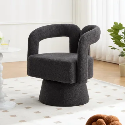 Produktbild von Sweiko 360 Grad drehbare Kuschelfass-Akzentstühle, runde Sessel mit breiter Polsterung, flauschiger Stoffsessel für Wohnzimmer, Schlafzimmer, Büro, Warteräume, Dunkelgrau