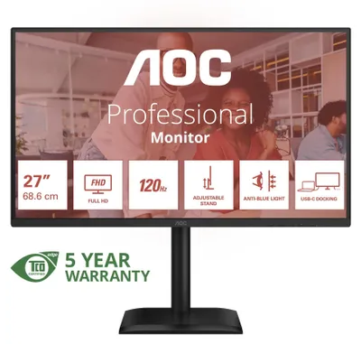 Produktbild von AOC 27E4CV - LED-Monitor - 68.6 cm (27") - 1920 x 1080 Full HD (1080p) @ 120 Hz - IPS - 300 cd/m² - 1500:1 - 4 ms - HDMI, DisplayPort, USB-C - Lautsprecher - Schwarz