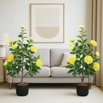 Produktbild von Künstlich Blühender Kamelienstrauch, 90 cm, Topfpflanze, gelbe Knospen, schmückende Pflanze, für Wohnbereich und Arbeitszimmer