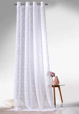 Produktbild von heimtexland ® Boho Vorhang Leinen Optik Transparent Deko Pompoms Ösenschal Gardine Typ764 Weiß HxB 245 x 135 cm