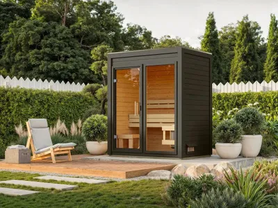 Produktbild von Gartensauna View terragrau SPARSET mit 9 kW -Ofen und ext. Steuerung