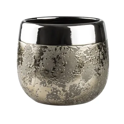 A ceramic pot with a textured silver lower half and a smooth black upper rim, isolated on a white background.