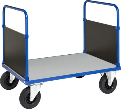 Produktbild von Kongamek Plattformwagen in blau 1200x800x900mm mit verzinkter Ladefläche, 2 Seitenwänden, Gummibereifung und Bremse