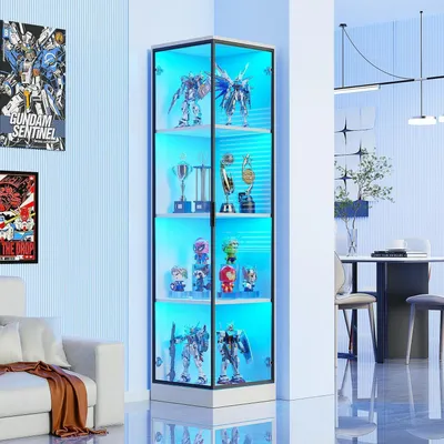 Produktbild von Eckvitrine mit LED Beleuchtung und Bewegungssensor, 4 Ebenen, Weiß, 40x40x160cm