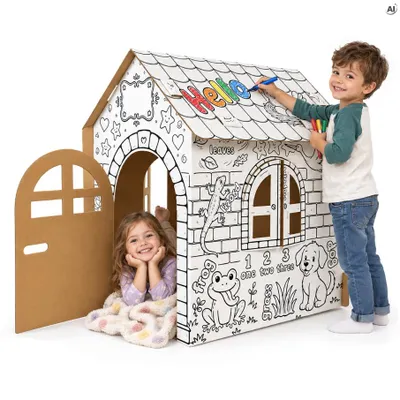 Kartonhaus für Kinder XXL zum Bemalen, großer Pappkarton Spielhaus und Malhaus zum Ausmalen