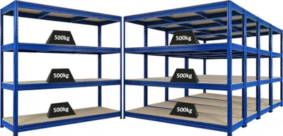 Produktbild von Mega Deal | 5x Schwerlastregal DINO | HxBxT 180x200x60cm | 4 Spanplatten-Ebenen 16mm | Fachlast 500kg | Blau