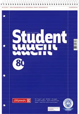 Zdjęcie produktu dla BRUNNEN 106781101 Collegeblock Student Recycling A4 w linie, z marginesem wewnątrz i na zewnątrz, Lin. 27 Strona tytułowa: niebieska
