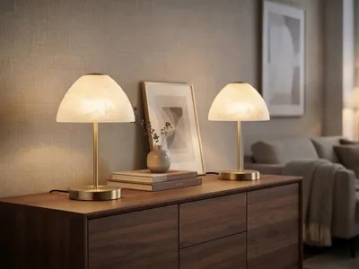 Produktbild von 2er SET kleine LED Tischlampen dimmbar Höhe 24cm Messing - Glasschirm Weiß