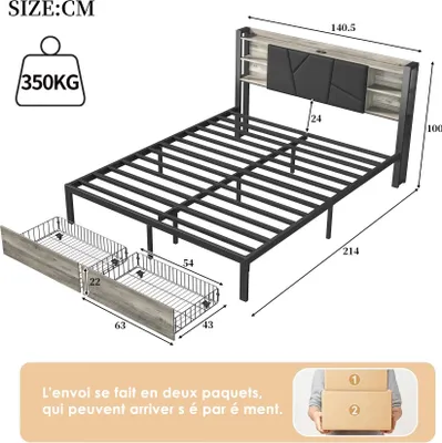 Obrázok produktu pre Čalúnená posteľ – rám 140 x 200 cm – úložné zásuvky – čelo s LED osvetlením a USB portom – Imitácia kože – železný rám – bez matraca – čierna