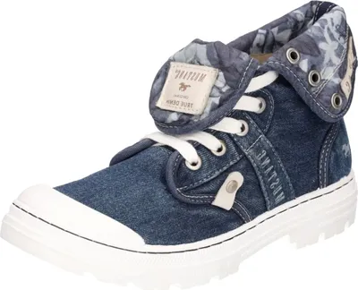 A single blue denim high-top sneaker with white laces and a white sole, shown from a side-diagonal angle.