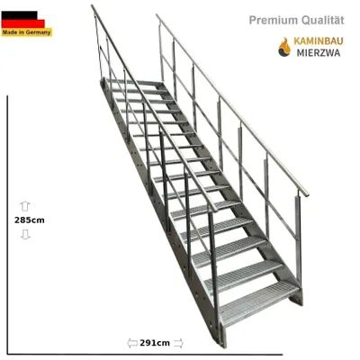 Obrázek produktu pro Ocelové schodiště Mřížové schodiště 15 stupňů se zábradlím na obou stranách - pozinkované - (š x v x h) 80 x 285 x 291 cm