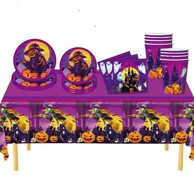 69-tlg. Halloween-Partygeschirr-Set mit Tischdecke, Hexen-Motiv
