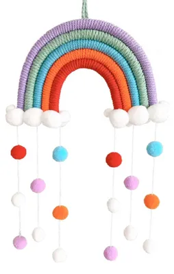 Produktbild von Makramee-Regenbogen-Wanddeko-Girlande mit bunten Kugeln für Kinderzimmer, Mädchenzimmer, Babyzimmer, Kinderzimmerdekoration, Spielzimmer