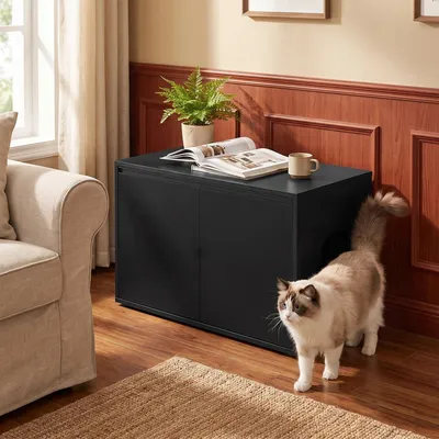 Produktbild von Katzenschrank 80cm Katzenklo Schrank Ausbaubare Trennwand Schwarz | Katzenhaus Verstellbarer Einlass (Links oder Rechts) Seitenwand