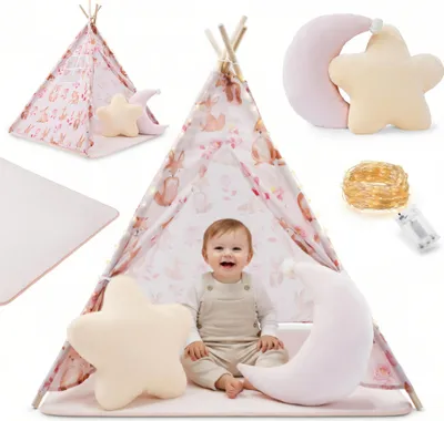 Obrázek produktu pro Mamabrum Dětský stan tipi růžový s podložkou, polštářem a LED osvětlením – pohádkový stan na hraní