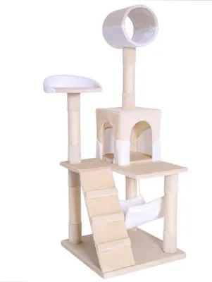 Immagine prodotto di tiragraffi lionto, elegante albero per gatti da 133 cm con copertura in peluche, robusti pali in sisal e versatili aree di riposo, beige/bianco