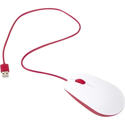A white and red USB computer mouse with a red cable and USB connector, isolated on a white background.