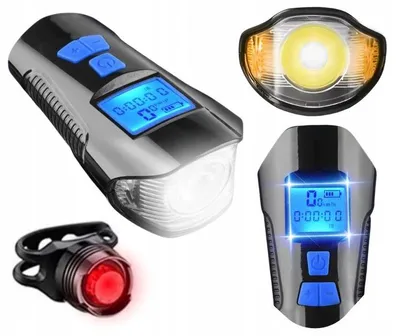Zdjęcie produktu dla Zestaw oświetlenia rowerowego: lampka LED, komputer rowerowy, dzwonek, akumulator, USB – przód i tył