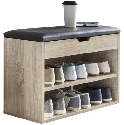 Schuhbank Sonoma Holz gepolstert mit schwarzer Sitzfläche und zwei offenen Schuhablagen, Gesamtansicht.