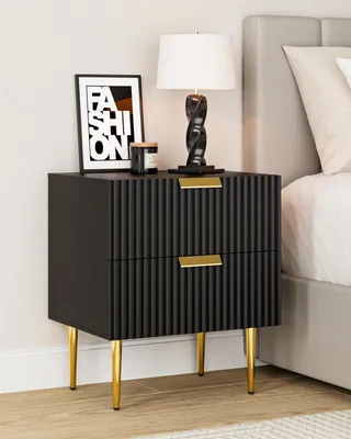 Image de Table de nuit moderne avec 2 tiroirs et pieds dorés pour chambre ou salon