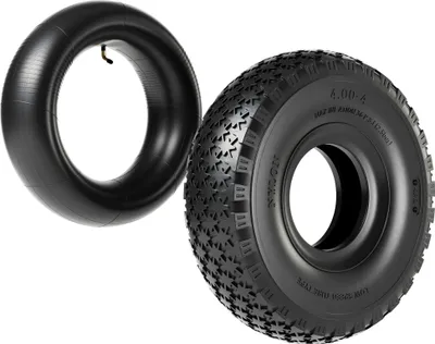 Image de Wiltec Pneu 11x4.00-4 et Chambre à air – Valve coudée – 294 x 294 x 80 mm – 4 PR – capacité de charge 130 kg – pour Tondeuse à gazon Tracteur à pelouse Brouette Chariot Diable
