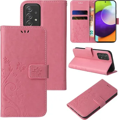 Multiple views of a pink floral butterfly embossed flip phone case for a Samsung Galaxy A52 series phone.