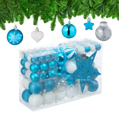 Obrázok produktu pre Relaxdays Vianočné gule, sada 101 ks, plast, vianočná výzdoba s guľami a čipkou, ozdoby na vianočný stromček, petrolová/biela