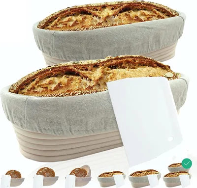 Obrázok produktu pre riijk kváskovací kôš sada 2 oválnych košíkov vrátane škrabky na cesto zdarma, 2X kváskovací kôš na chlieb a chlebové cesto 28 a 35 cm, forma na chlieb s plátennou vložkou s dreveným povrchom