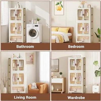 Immagine prodotto di Contenitore impilabile con ruote e cassetto, in plastica beige, ideale per la camera da letto e l'armadio