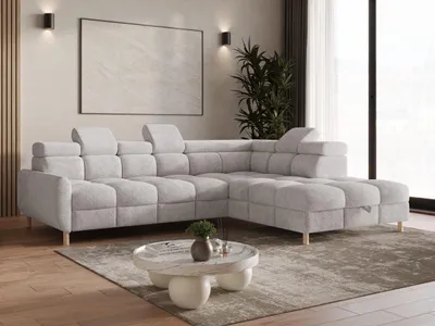 Produktbild von MOEBLO Ecksofa L mit Schlaffunktion & Bettkasten – Modernes Schlafsofa mit Stauraum, verstellbaren Kopfstützen - Ecksofa BUN - Hellgrau - Arena 15 - Rechts