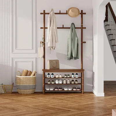 Immagine prodotto di Appendiabiti in bambù con contenitore per scarpe e 13 ganci, finitura noce