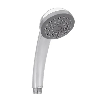 A silver and gray shower head on a white background.