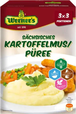 Produktbild von Werner’s Sächsisches Kartoffelmus Püree 3x3 Portionen Kartoffelpüree ohne Farbstoffe & Zusatzaromen, gluten- & laktosefrei