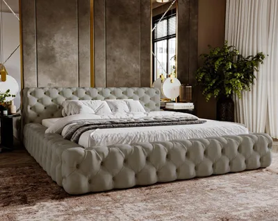 Productafbeelding van Boxspringbed 140x200 Vigo - Chesterfield-stijl bed met fluweelbekleding - Glamourestijl, bed met opbergruimte, metalen lattenbodem - Lichtgrijs