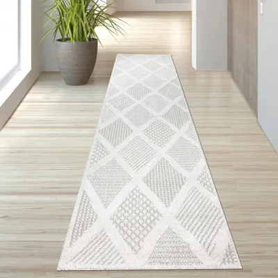 Obrázok produktu pre Koberec do spálne a obývačky s rôznymi vzormi kosoštvorcov v krémovo-sivej farbe, rozmery – 80 x 300 cm
