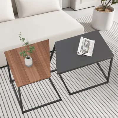 Two square coffee tables, one with a wood-grain top and the other with a dark gray top, are placed on a striped rug next to a white sofa.