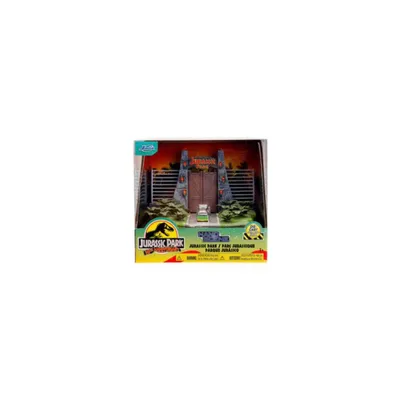 A toy playset of the Jurassic Park entrance gate in its packaging.