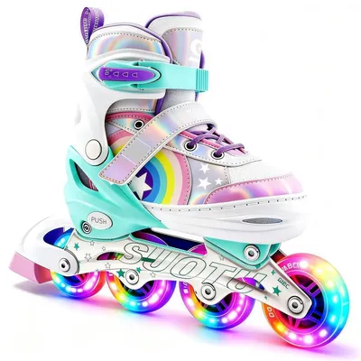 Obrázok produktu pre Suotu Kolieskové korčule Rainbow – Detské kolieskové korčule so 4-smerovou nastaviteľnou veľkosťou a LED kolieskami | Detské kolieskové korčule s loži