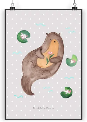 Produktbild von Mr. & Mrs. Panda Bild Otter Seerose DIN A4 - Grau Pastell - Geschenk, Seeotter, kunstdruck poster, Wanddeko, drucke, Wasser, glücklich, Fluss, Wandbild