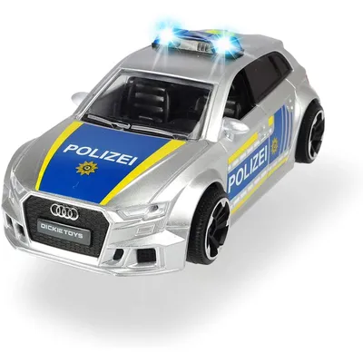 Zdjęcie produktu dla Dickie Toys - Audi RS3 - 15-centymetrowy samochód policyjny z blokadą i pachołkiem, światłem i dźwiękiem, napęd cierny