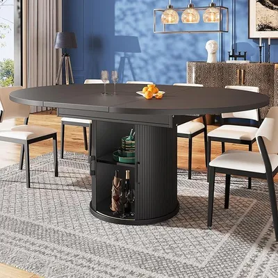 Productafbeelding van Uitschuifbare eettafel, eettafel, keukentafel, uitschuifbaar tafelblad. Ronde eettafel, uitschuifbaar tot ovaal, 118-158 cm, plaats voor maximaal 6 personen (zwart)