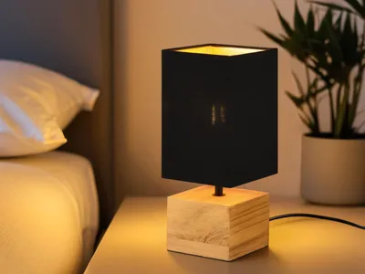 Produktbild von LED Tischleuchte 1 flammig Holzfuß & Stofflampenschirm Schwarz/Gold Höhe 30cm