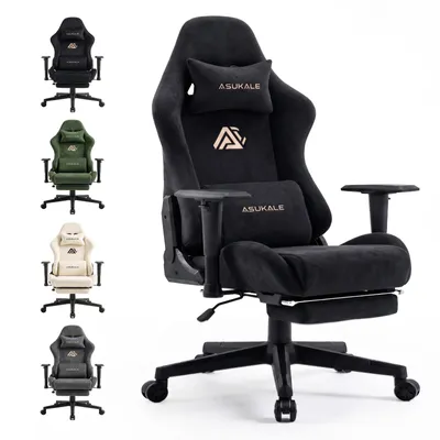 Produktbild von Gaming-Stuhl schwarz Samt ergonomisch, Massage-Lendenstütze, ausziehbare Fußstütze, 4D-Armlehnen, 200kg belastbar, für PC & Büro