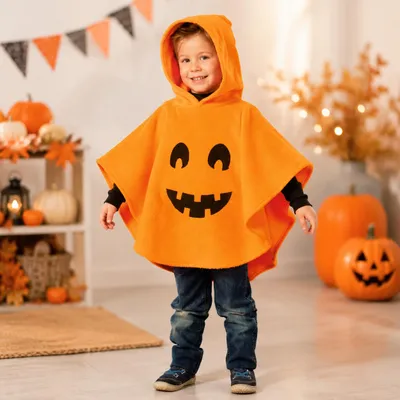 Produktbild von Kinder Kürbis Cape mit Kapuze – oranges Halloween Kostüm aus Fleece (104/116), KI-generiertes Bild